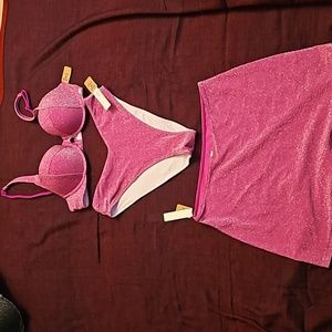 Three Piece Victoria's Secret Pink Shimmer Skirt High Waist Push Up Bikini